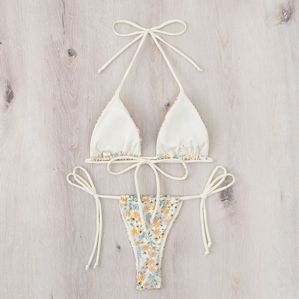 Sparkly Floral Embroidered Thong Triangle Brazilian Two Piece Bikini