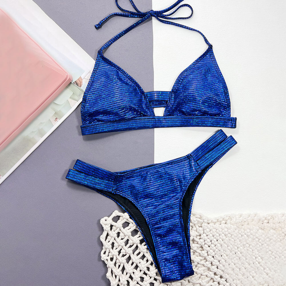 Sparkly Gingham Cheeky High Cut Triangle Brazilian Two Piece Bikini