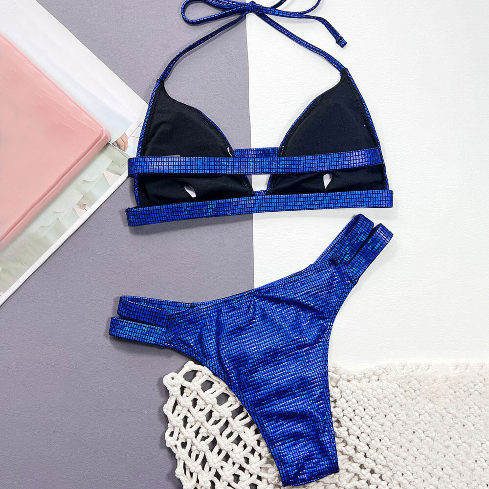 Sparkly Gingham Cheeky High Cut Triangle Brazilian Two Piece Bikini