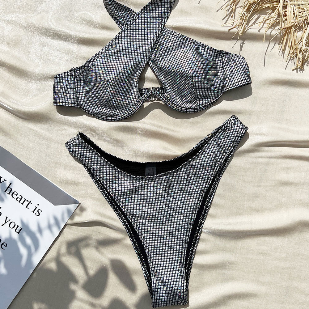 Sparkly Gingham High Cut Underwire Wrap Halter Brazilian Two Piece Bikini