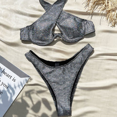 Sparkly Gingham High Cut Underwire Wrap Halter Brazilian Two Piece Bikini