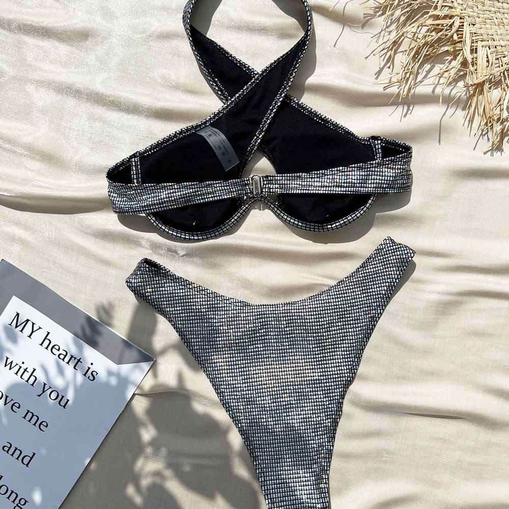 Sparkly Gingham High Cut Underwire Wrap Halter Brazilian Two Piece Bikini