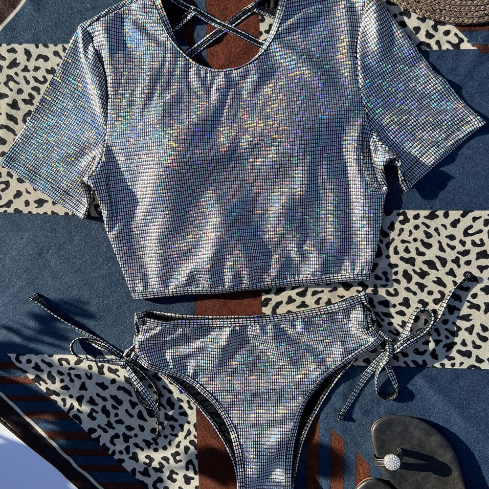 Sparkly Gingham Lace Up Mid Waist Short Sleeve Cropped Rash Guard Swimsuit