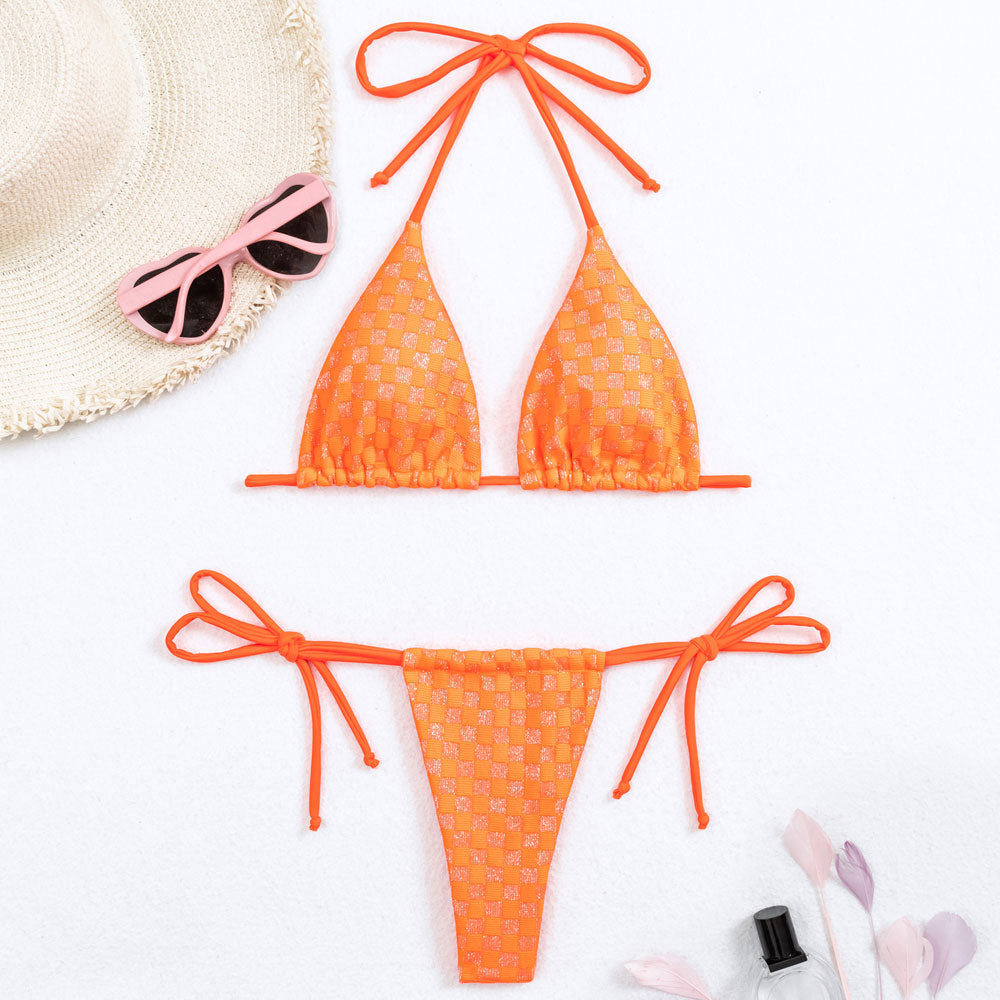 Sparkly Gingham String Thong Slide Triangle Brazilian Two Piece Bikini