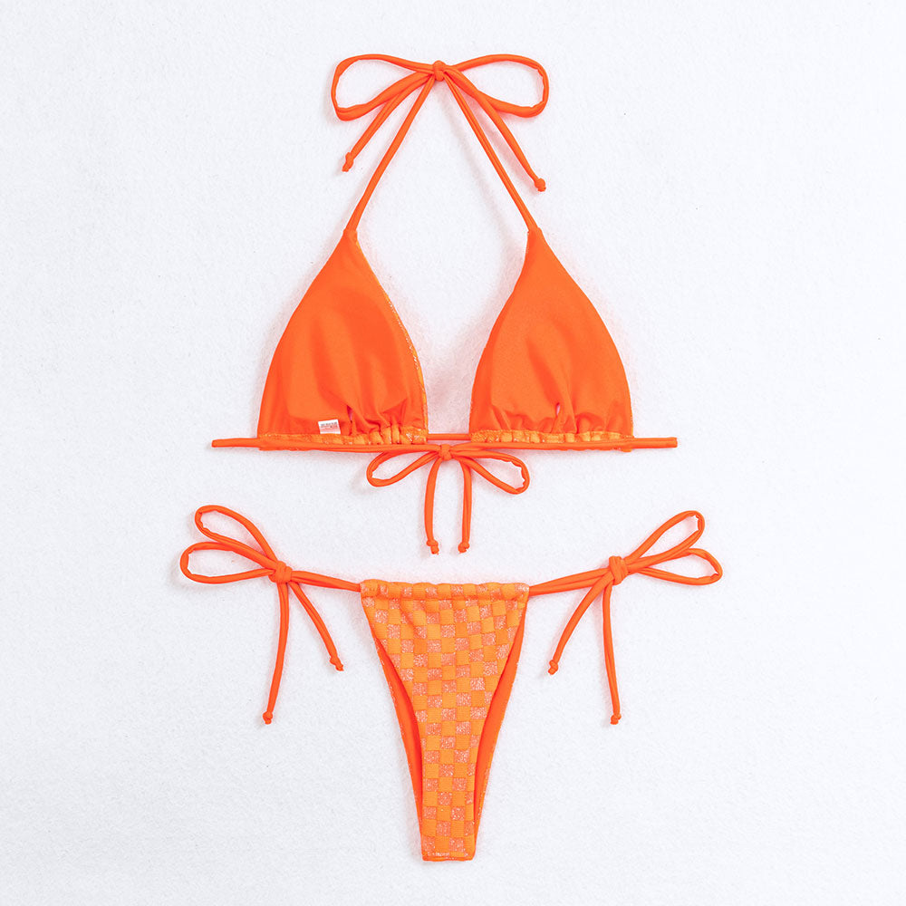 Sparkly Gingham String Thong Slide Triangle Brazilian Two Piece Bikini