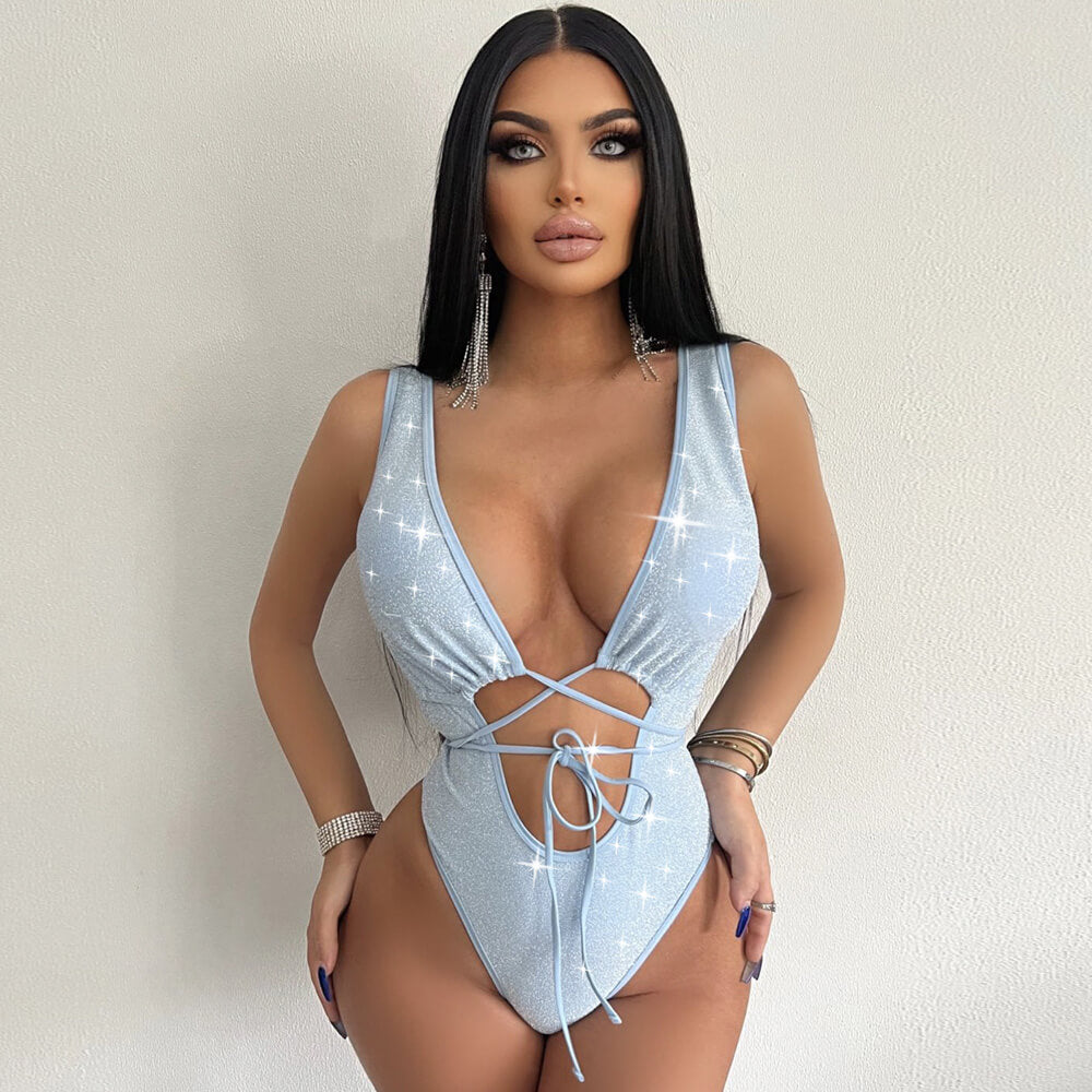Sparkly High Cut String Wrap Deep V Brazilian One Piece Swimsuit