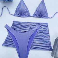 Sparkly Metallic High Cut Slide Triangle Brazilian Three Piece Bikini