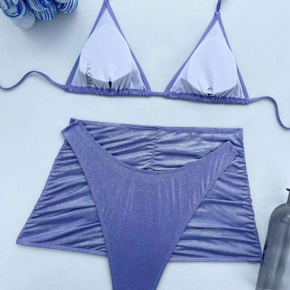 Sparkly Metallic High Cut Slide Triangle Brazilian Three Piece Bikini