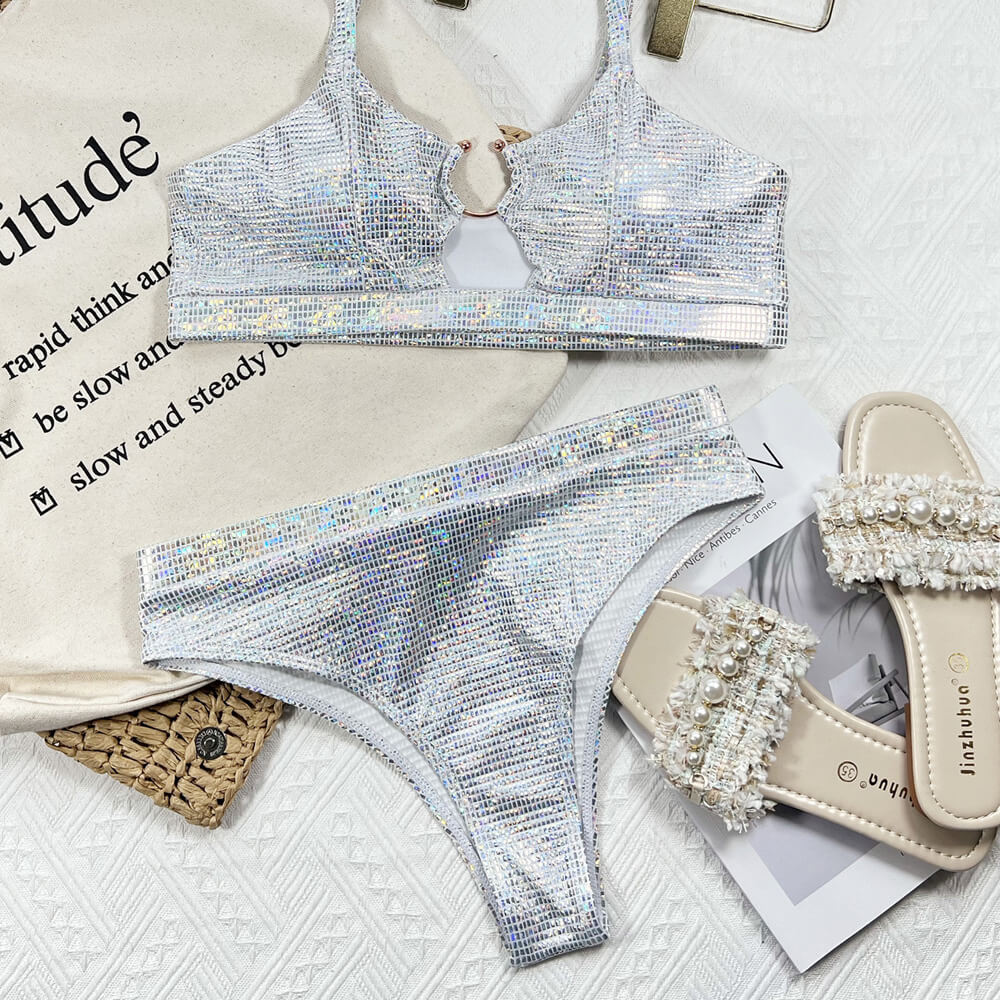 Sparkly O Ring High Cut High Waist Bralette Brazilian Two Piece Bikini