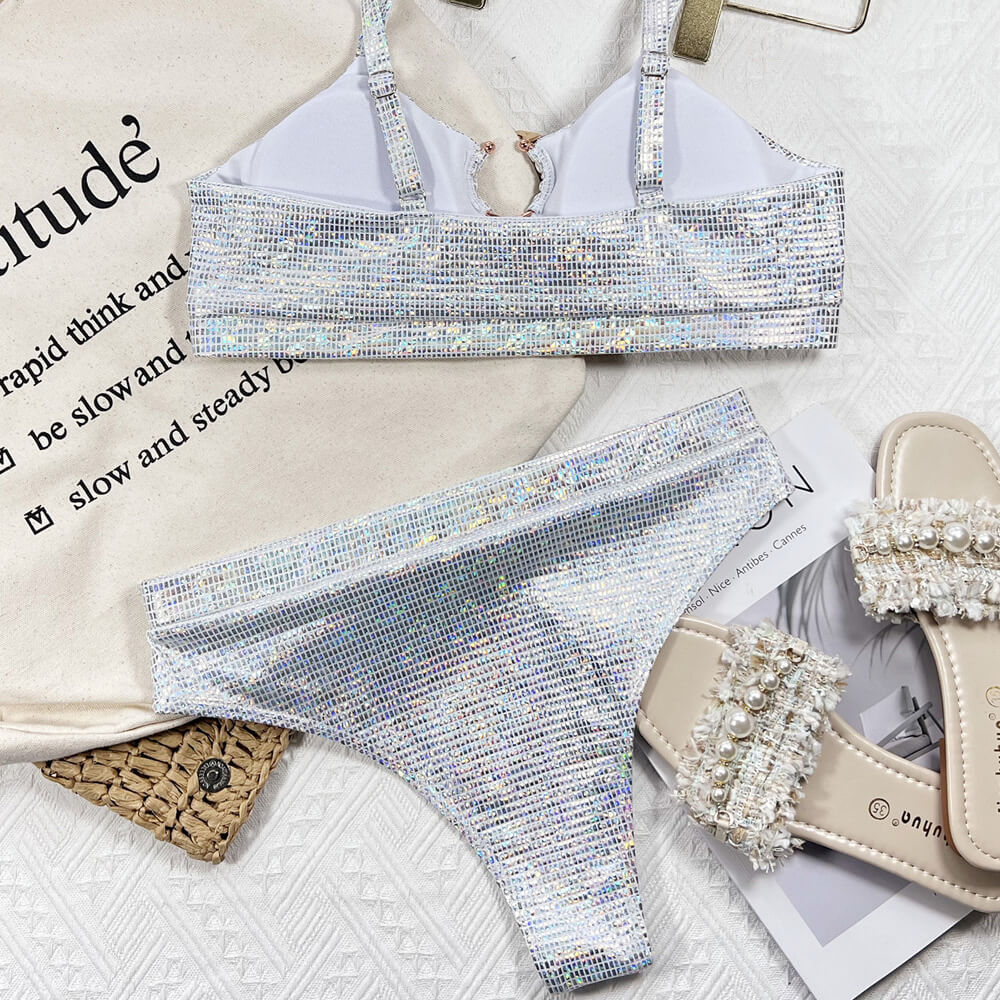 Sparkly O Ring High Cut High Waist Bralette Brazilian Two Piece Bikini