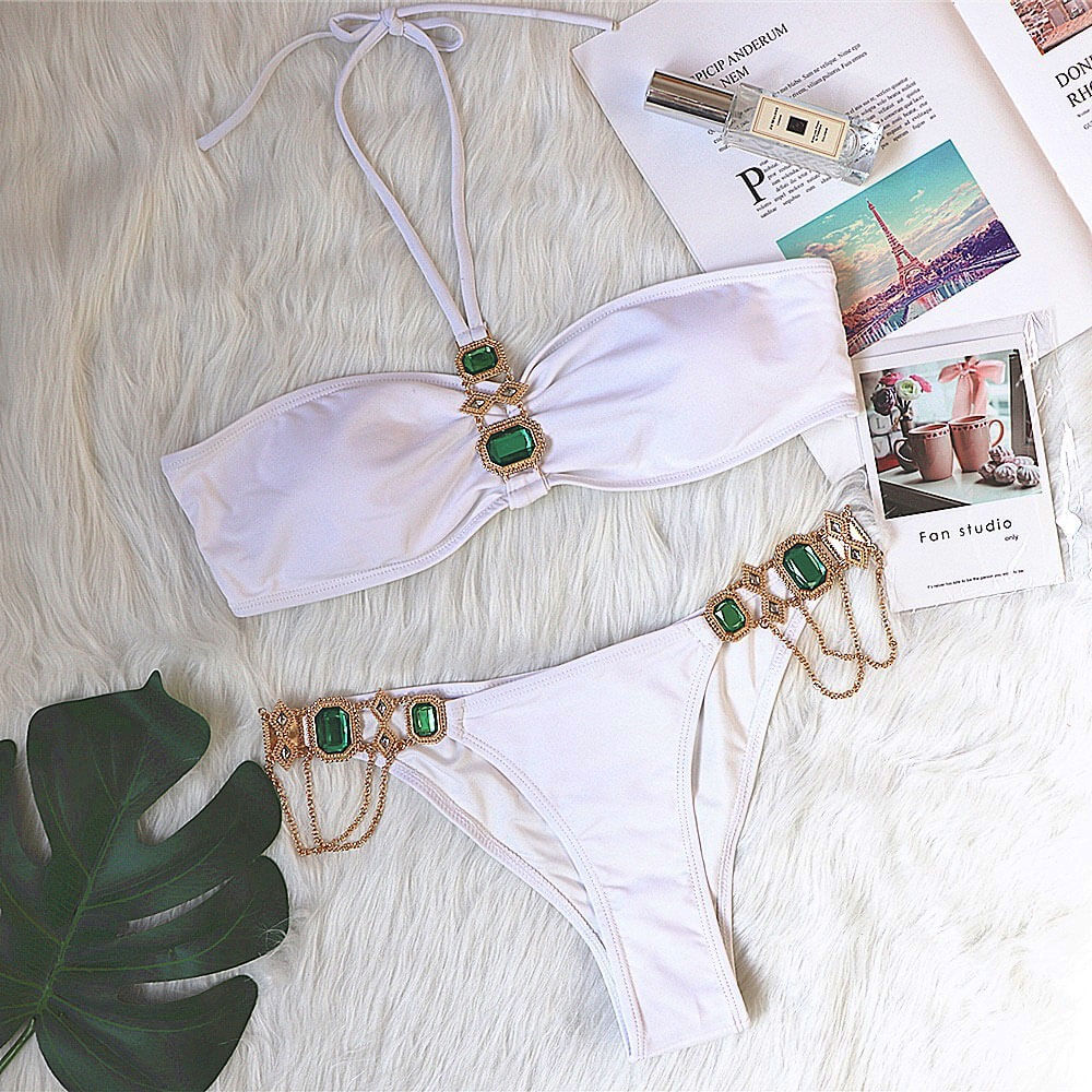 Sparkly Rhinestone Chain Trim Halter Brazilian Two Piece Bikini