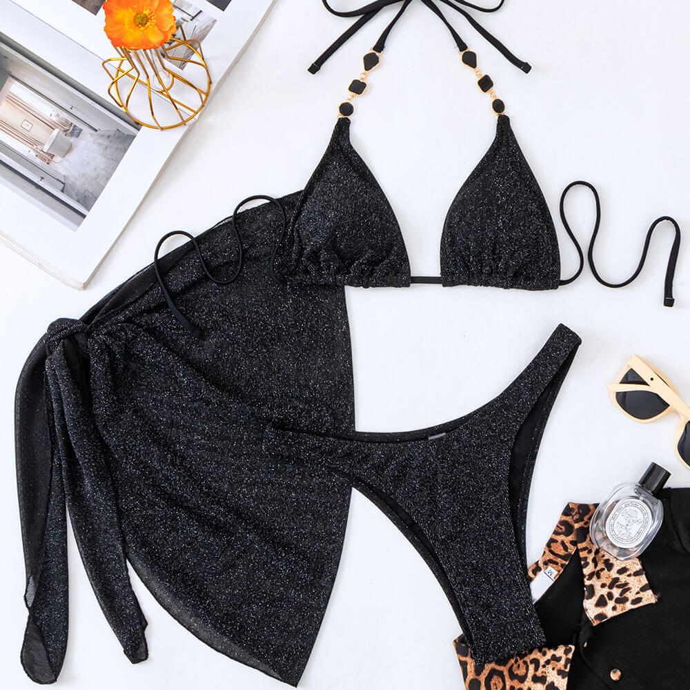 Sparkly Rhinestone High Leg Cheeky Triangle Brazilian Three Piece Bikini
