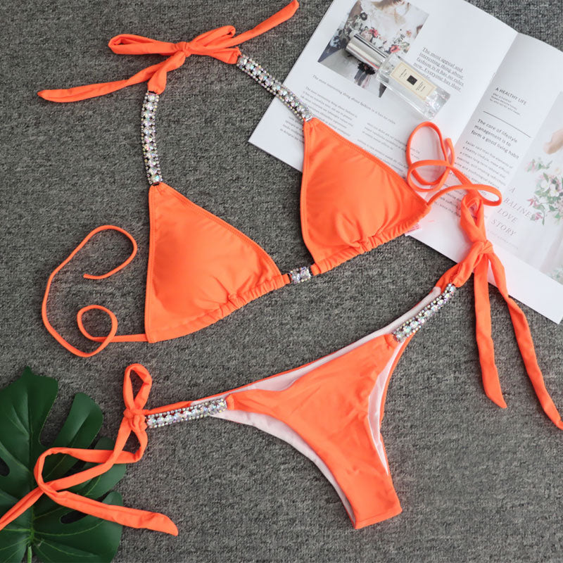 Sparkly Rhinestone Slide Triangle Brazilian Two Piece Bikini