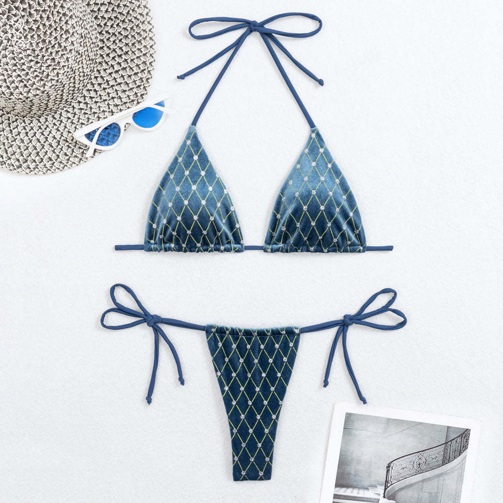 Sparkly Rhombus String Thong Triangle Velvet Brazilian Two Piece Bikini