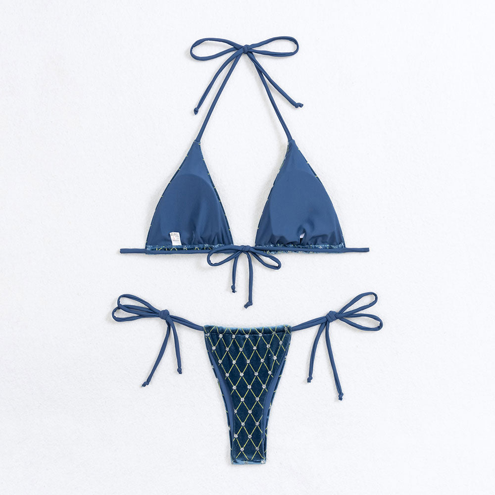 Sparkly Rhombus String Thong Triangle Velvet Brazilian Two Piece Bikini
