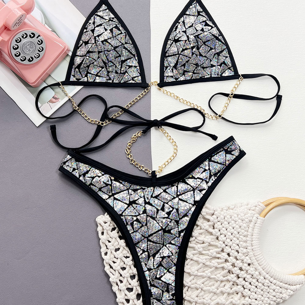 Sparkly Sequin Chain Link Cheeky Triangle Brazilian Two Piece Bikini