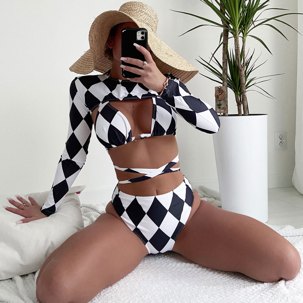 Sporty Check Sleeved Crop High Waist Triangle Brazilian Three Piece Bikini