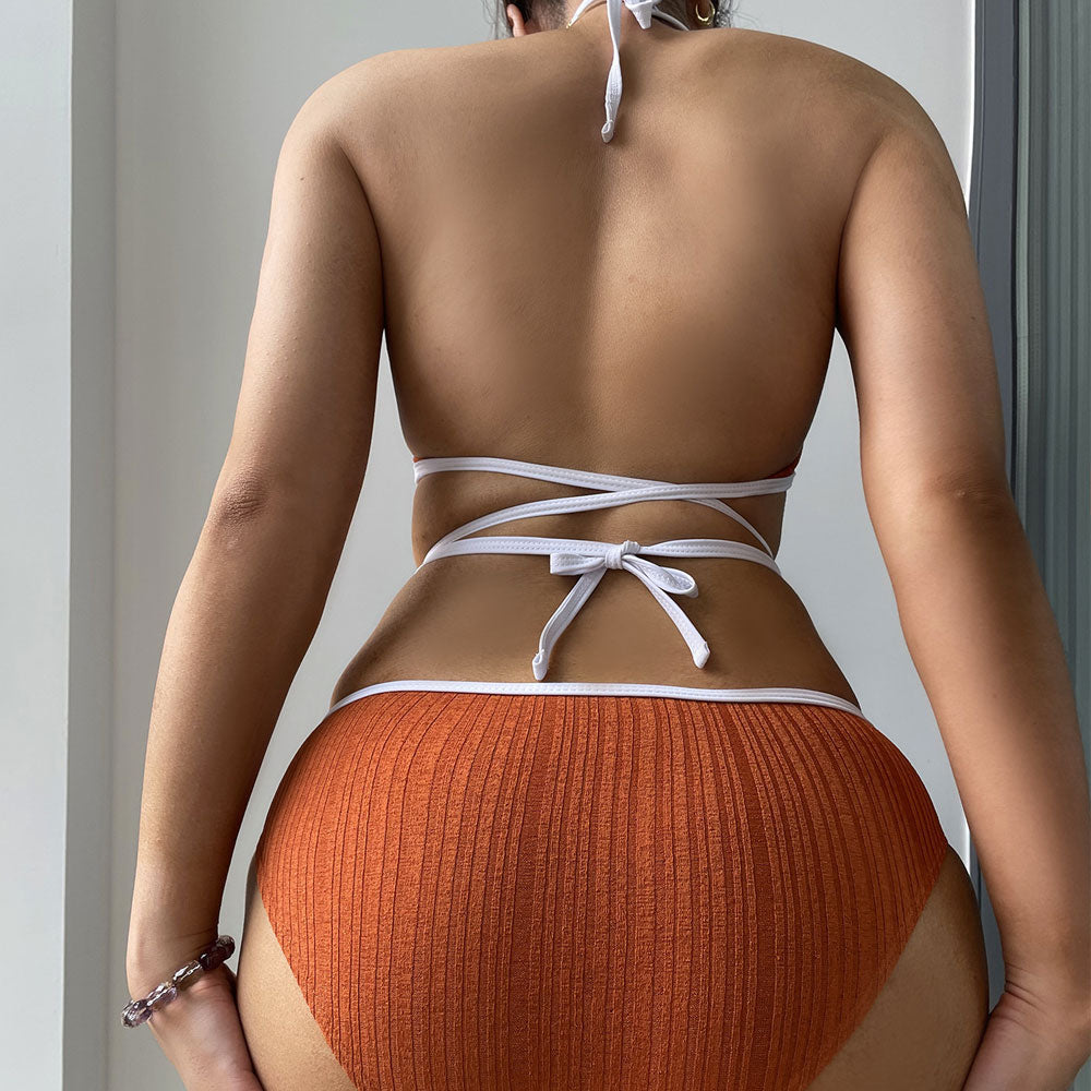 Strappy Ribbed Contrast Color Halter Triangle Brazilian Two Piece Bikini