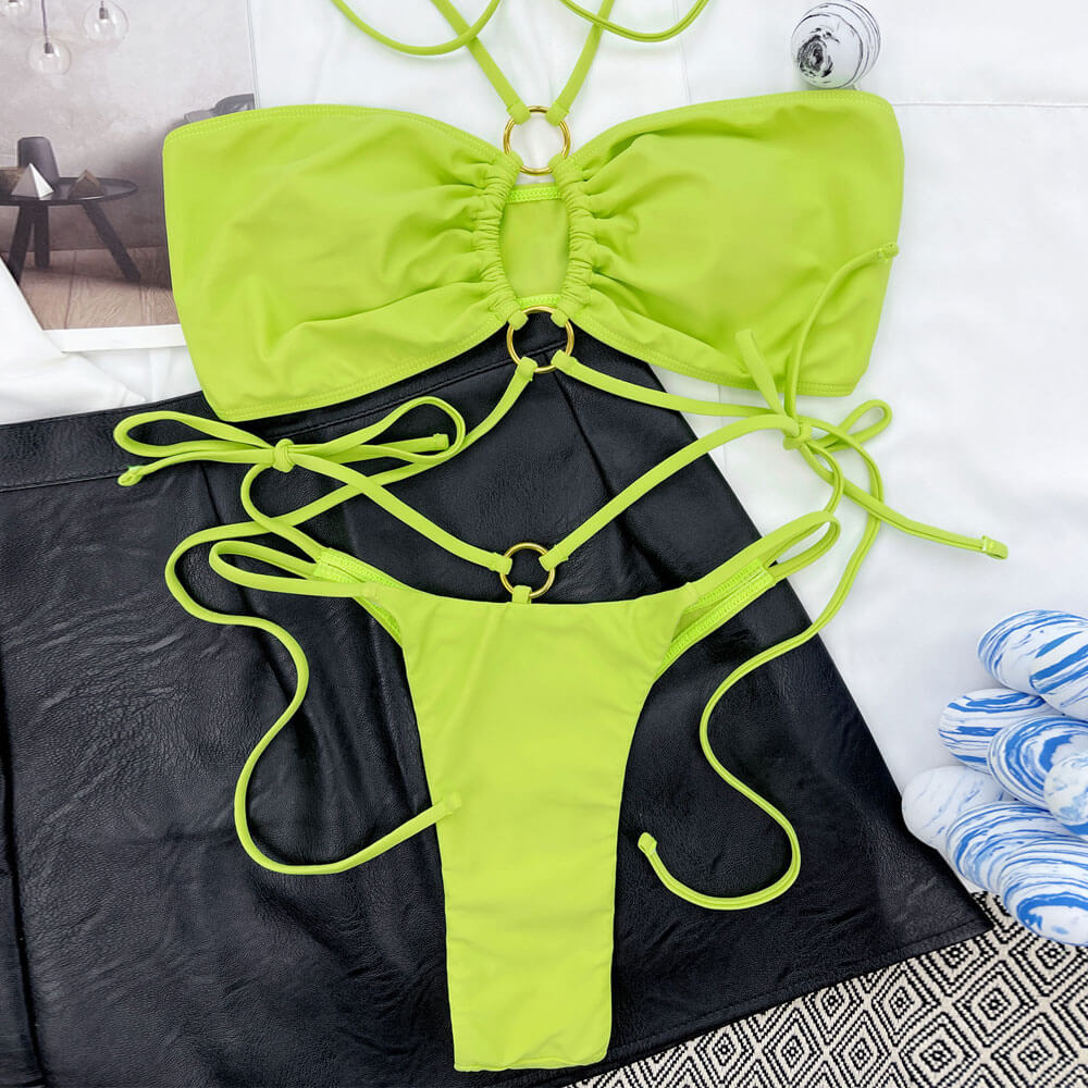 Strappy Ruched Thong Cutout O Ring Halter Brazilian Two Piece Bikini