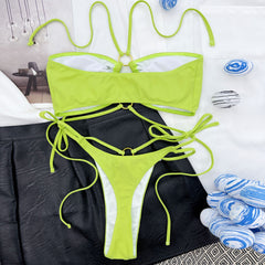Strappy Ruched Thong Cutout O Ring Halter Brazilian Two Piece Bikini
