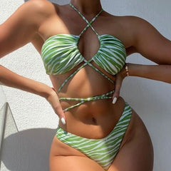 Strappy Zebra Print High Cut Halter Wrap Brazilian Two Piece Bikini