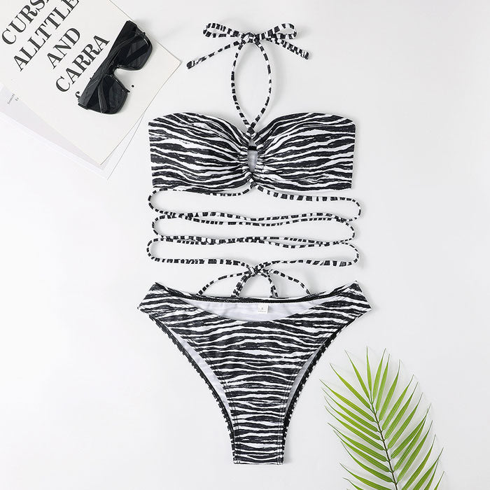 Strappy Zebra Print High Cut Halter Wrap Brazilian Two Piece Bikini
