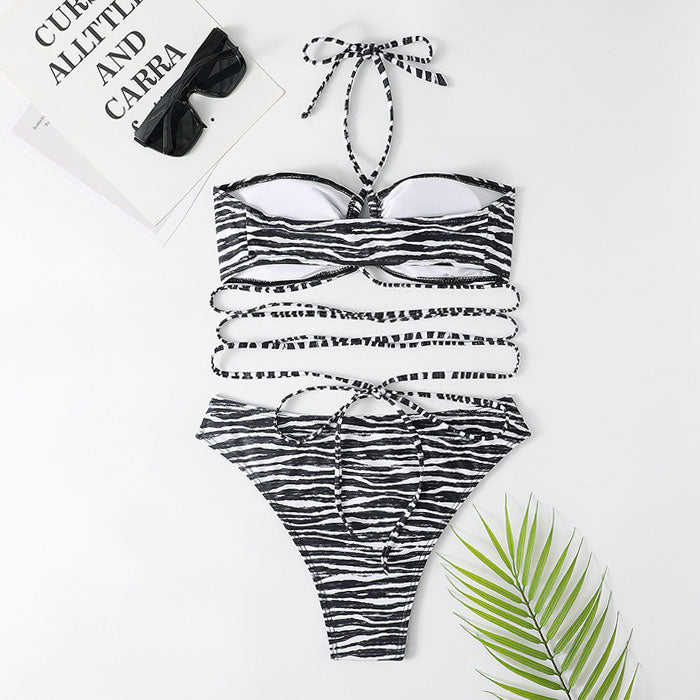 Strappy Zebra Print High Cut Halter Wrap Brazilian Two Piece Bikini