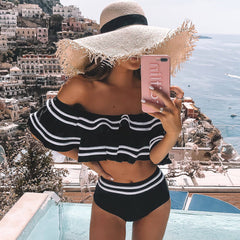 Stripe High Waist Off Shoulder Brazilian Two Piece Bikini