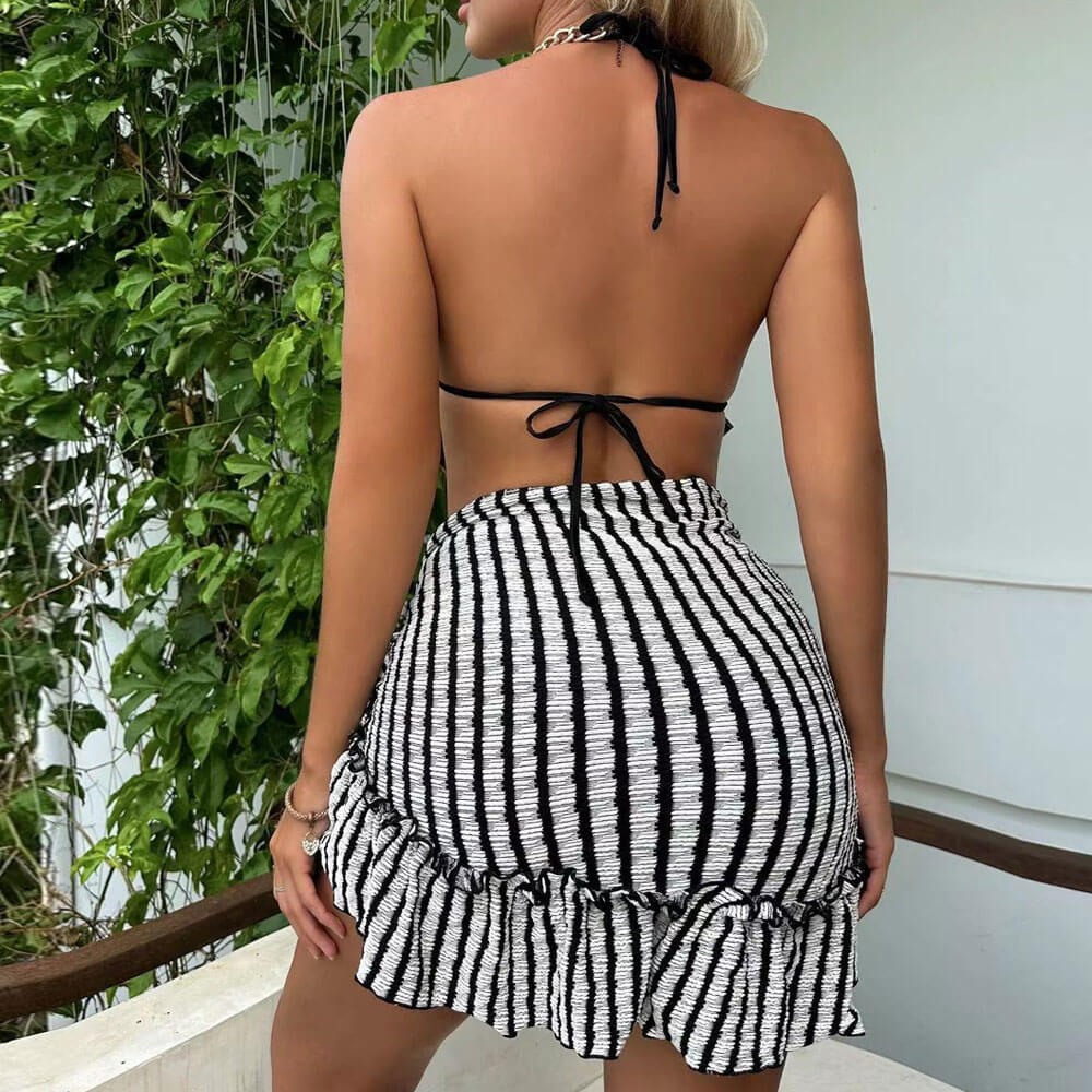 Striped Textured Tie String Ruffle Slide Triangle Halter Brazilian Three Piece Bikini