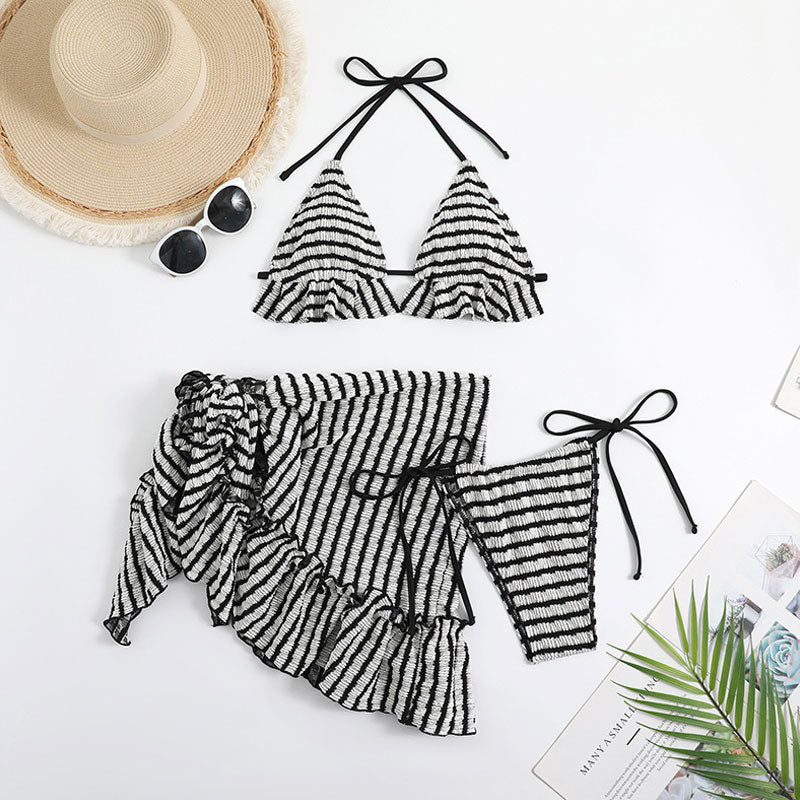 Striped Textured Tie String Ruffle Slide Triangle Halter Brazilian Three Piece Bikini