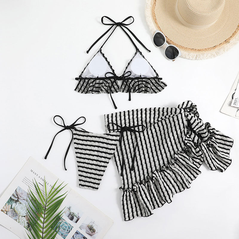 Striped Textured Tie String Ruffle Slide Triangle Halter Brazilian Three Piece Bikini