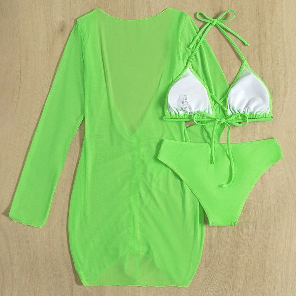 Stylish Cover Up Crossed Trim Slide Triangle Brazilian Three Piece Bikini