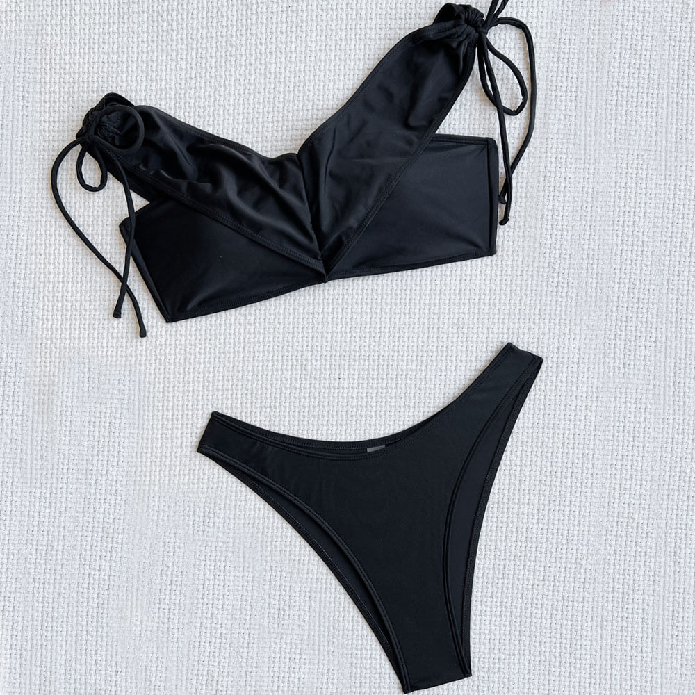 Stylish High Cut V Neck Drawstring Brazilian Two Piece Bikini