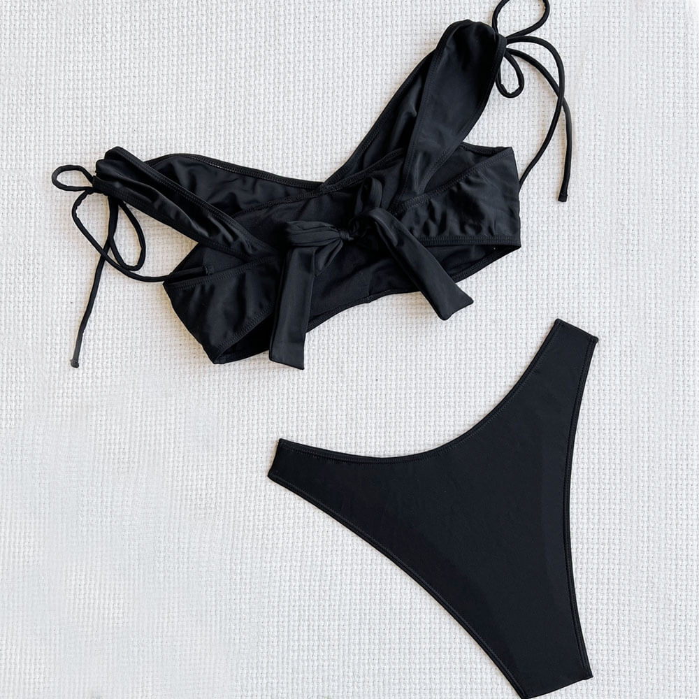 Stylish High Cut V Neck Drawstring Brazilian Two Piece Bikini