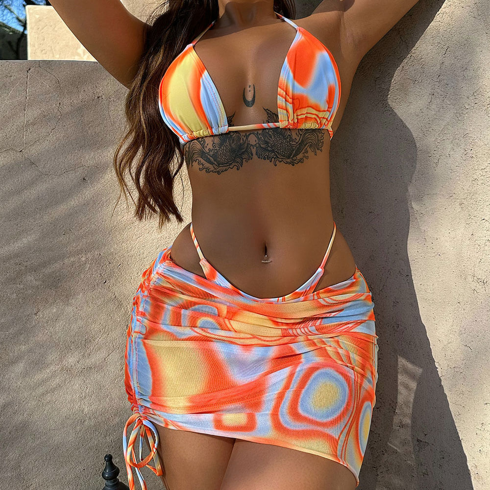 Sunset Tie Dye String Cheeky Slide Triangle Brazilian Three Piece Bikini