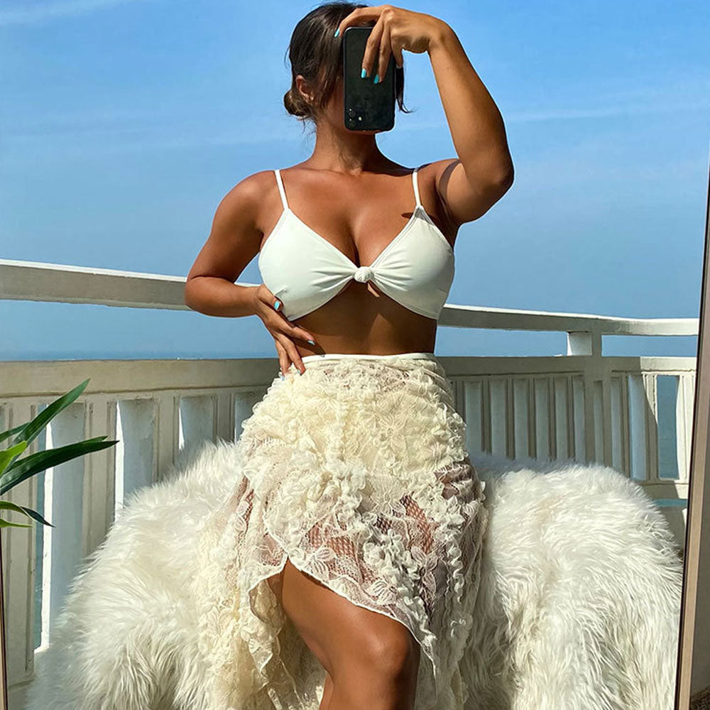 Sweet Floral Lace Cover Up High Waist Knot Front Brazilian Three Piece Bikini