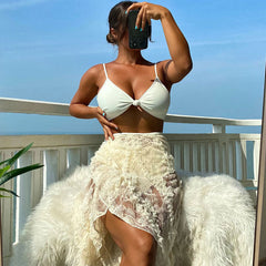 Sweet Floral Lace Cover Up High Waist Knot Front Brazilian Three Piece Bikini