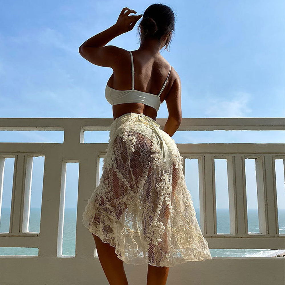 Sweet Floral Lace Cover Up High Waist Knot Front Brazilian Three Piece Bikini