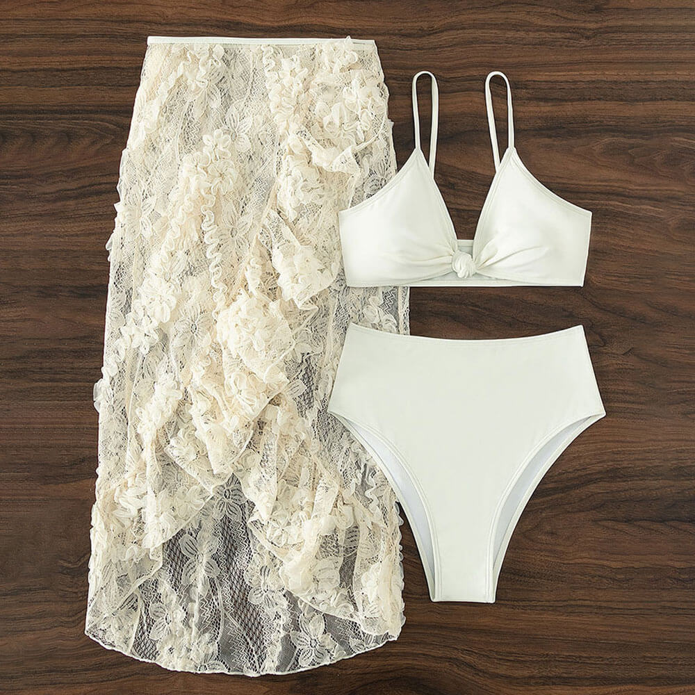 Sweet Floral Lace Cover Up High Waist Knot Front Brazilian Three Piece Bikini