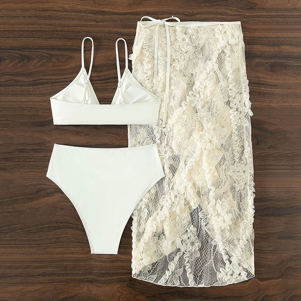 Sweet Floral Lace Cover Up High Waist Knot Front Brazilian Three Piece Bikini