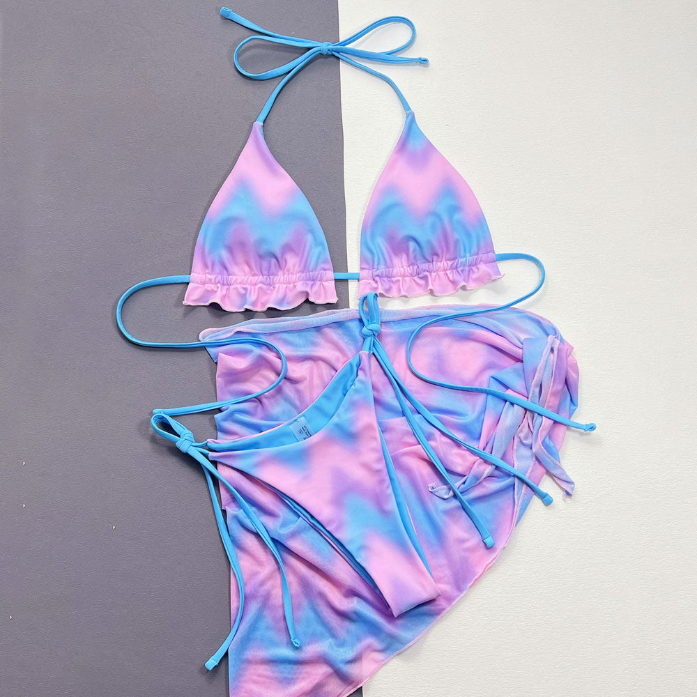 Sweet Wavy Tie Dye Tie String Ruffle Triangle Brazilian Three Piece Bikini