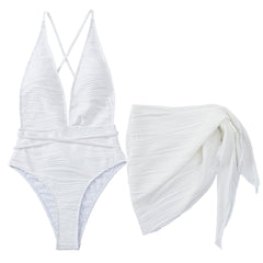 Textured Sarong Cheeky Wrap Around Low Back Deep V Brazilian One Piece Swimsuit