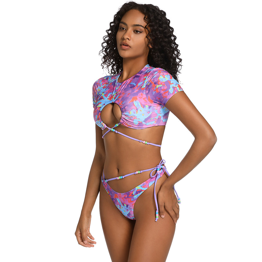 Tie Dye High Cut Thong Cutout Wrap Crop Brazilian Two Piece Bikini