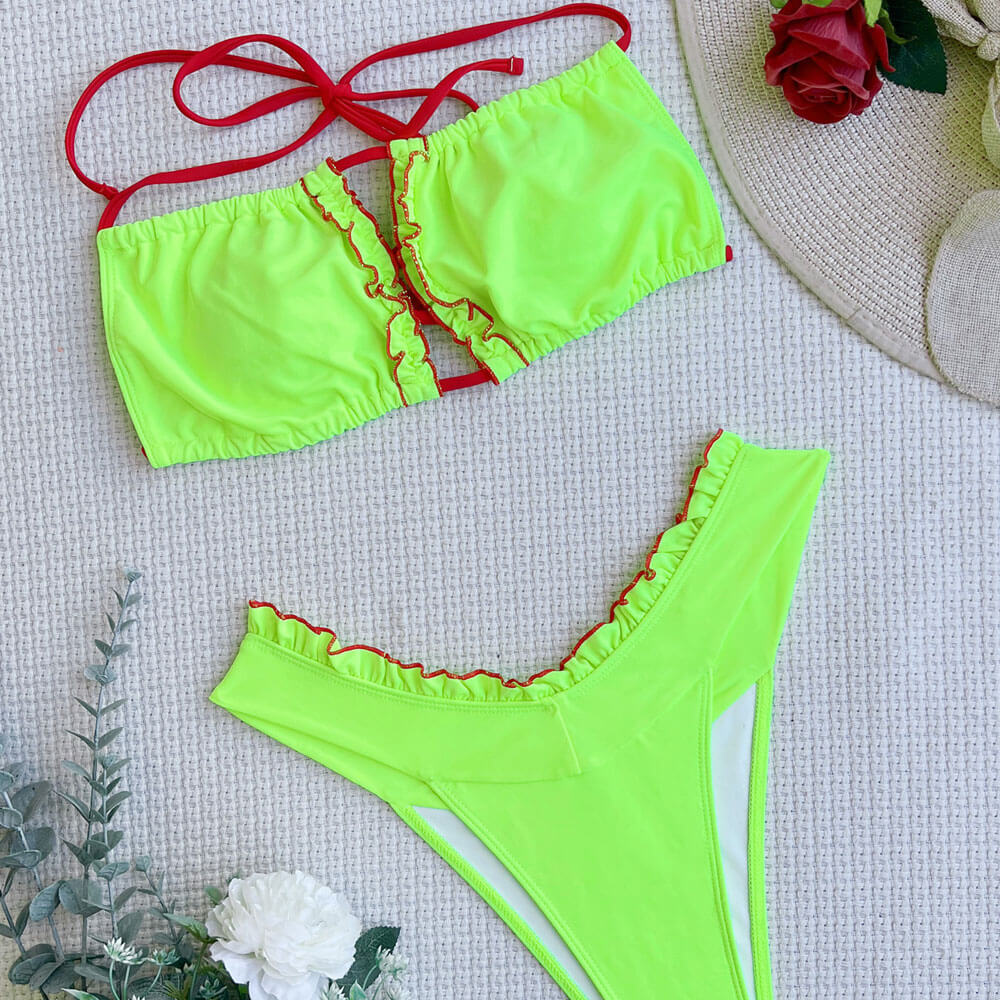 Trendy Contrast Ruffle Halter Cutout Brazilian Two Piece Bikini