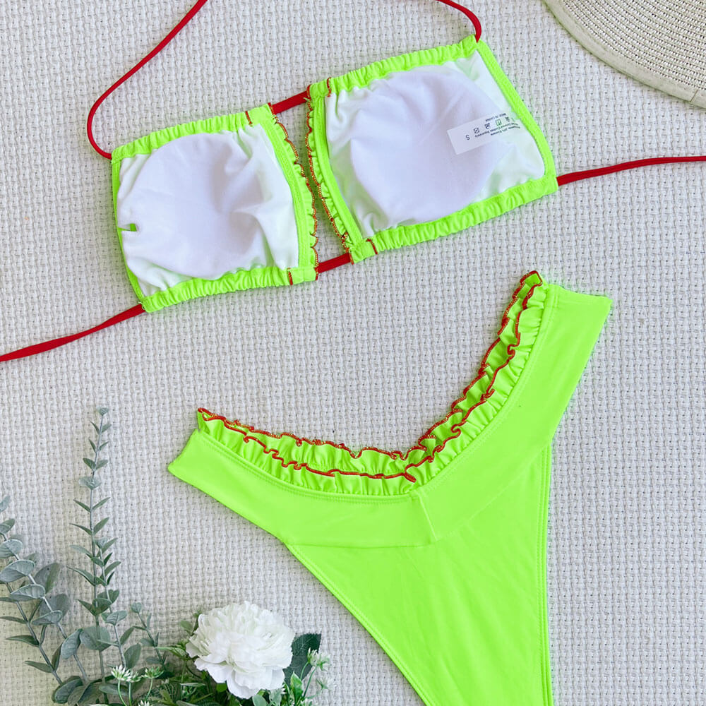 Trendy Contrast Ruffle Halter Cutout Brazilian Two Piece Bikini