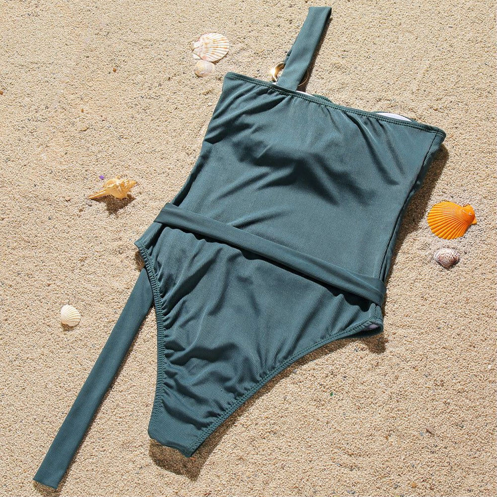 Groovy Ribbed O Ring One Shoulder Belted Brazilian One Piece Swimsuit
