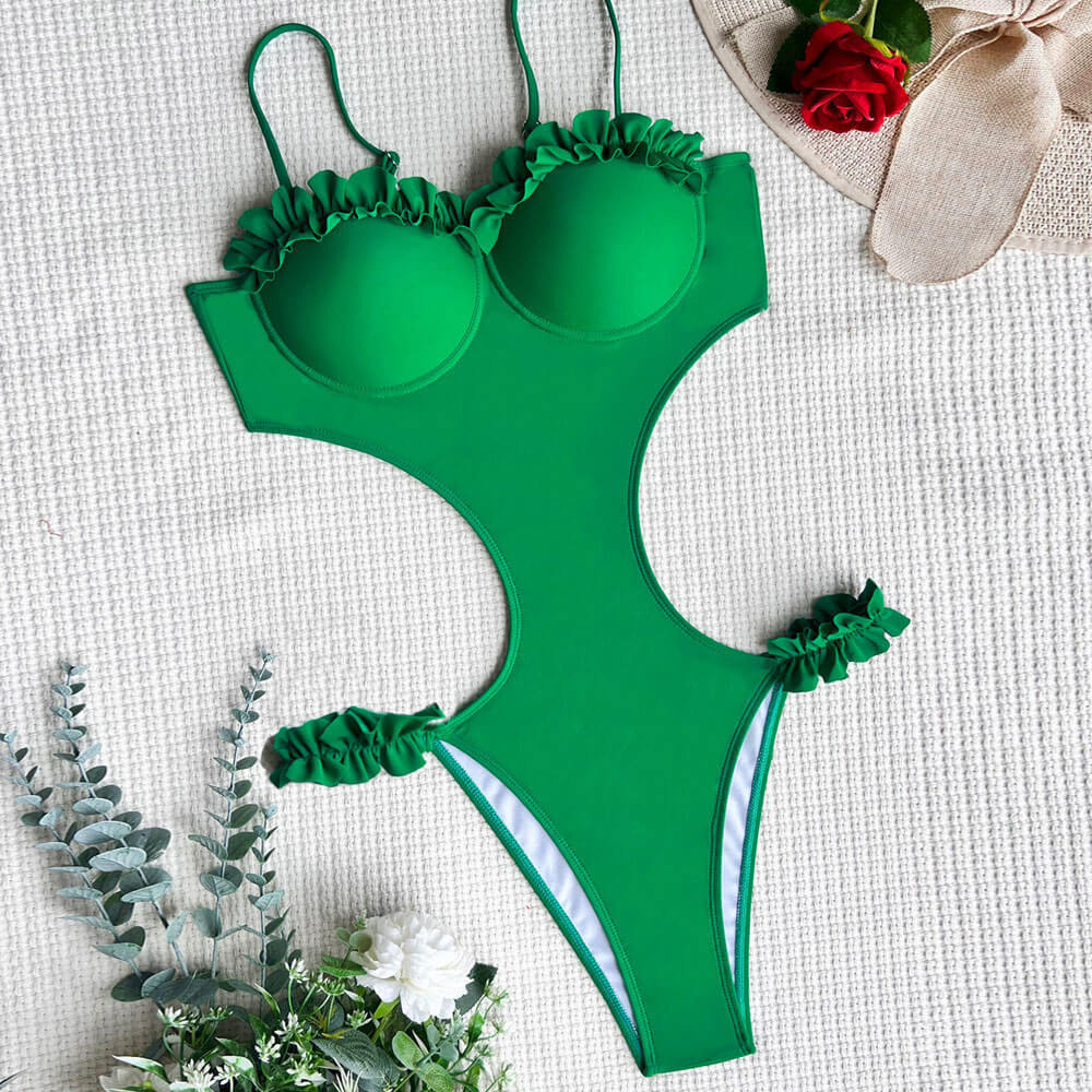 Trendy Ruffle Cut Out Underwire Monokini Brazilian One Piece Swimsuit