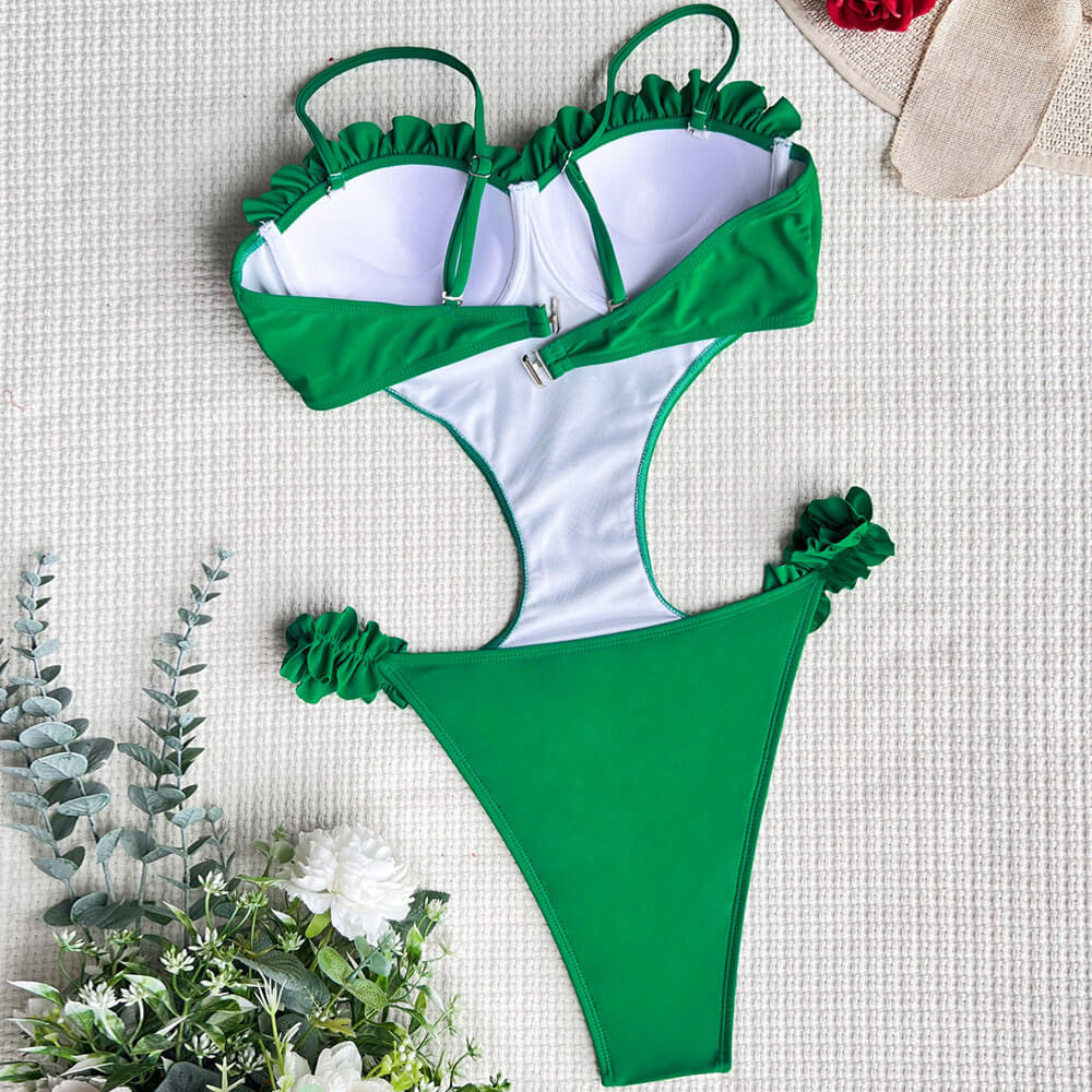 Trendy Ruffle Cut Out Underwire Monokini Brazilian One Piece Swimsuit