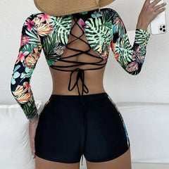 Tropic Boyshort Long Sleeve Lace Up Brazilian Two Piece Bikini