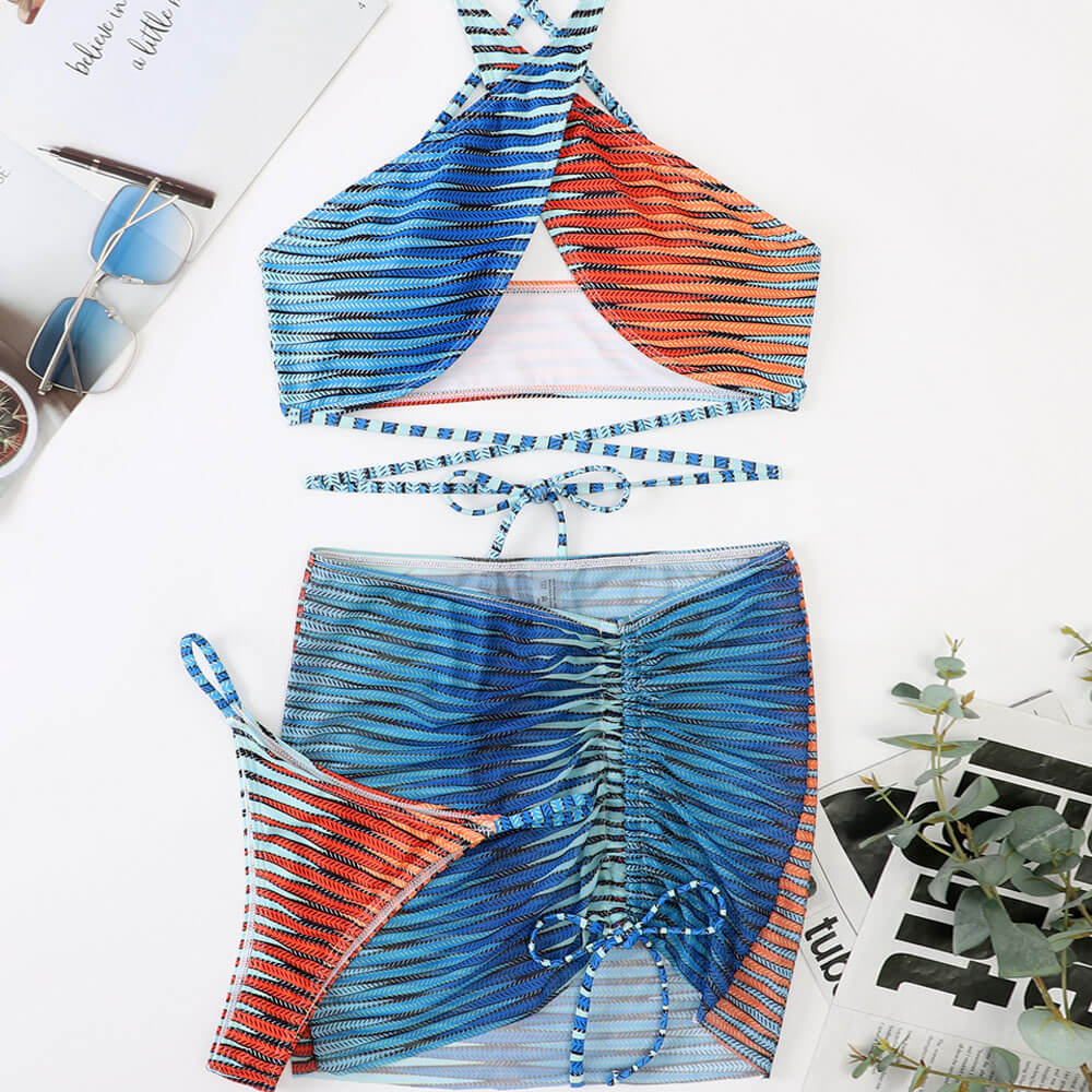 Tropic Striped String Wrap Around Cross Brazilian Three Piece Bikini